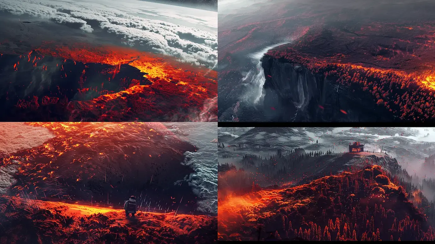Dynamic and Atmospheric Landscapes with a Fiery Essence - Midjourney sref style