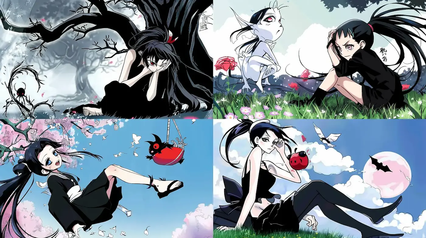 Whimsical yet dark animated illustrations with a blend of nature - Midjourney sref style