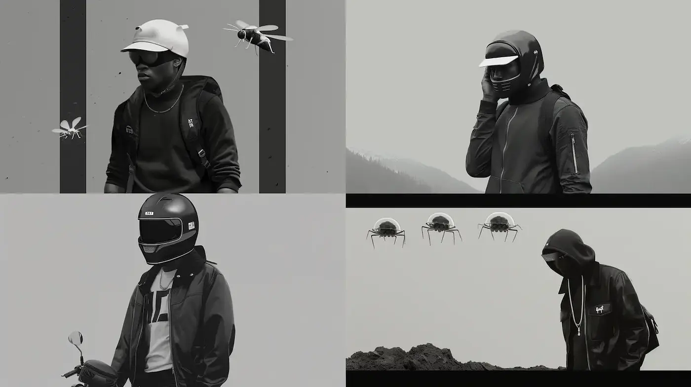 Futuristic monochrome aesthetic with a touch of urban street style - Midjourney sref style