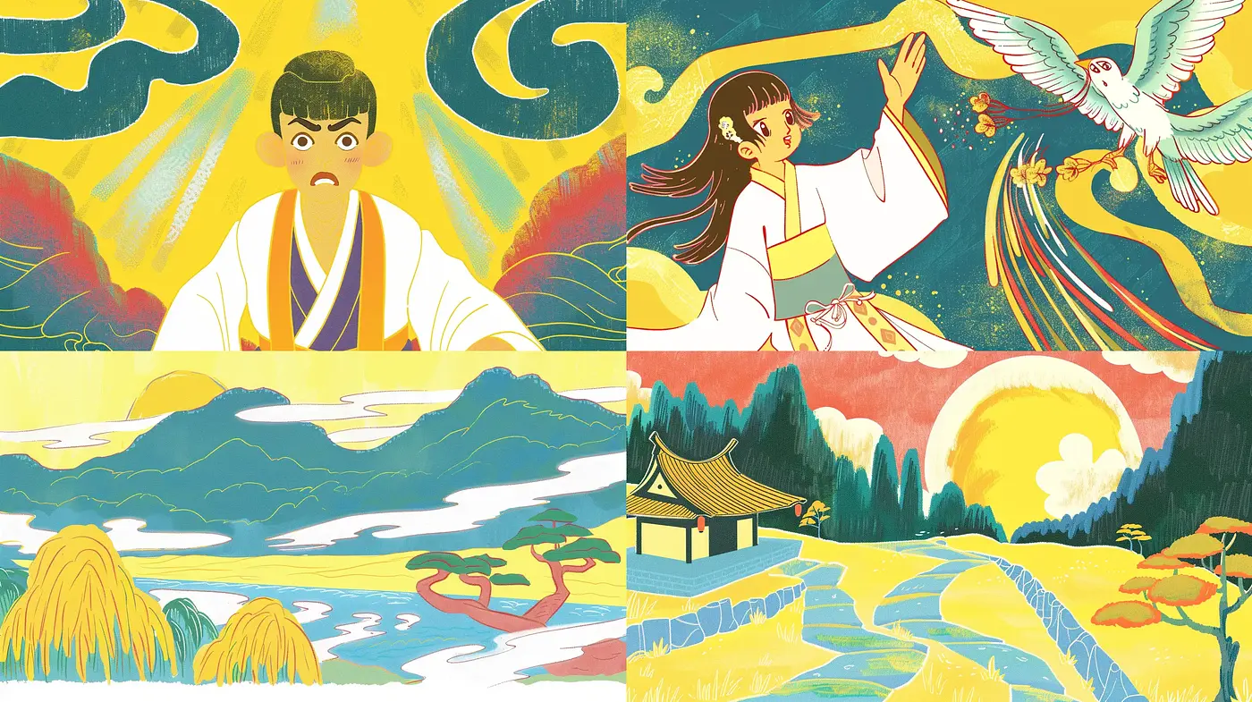Harmonious Fusion of Traditional Japanese Woodblock Prints and Vibrant Storybook Illustrations - Midjourney sref style