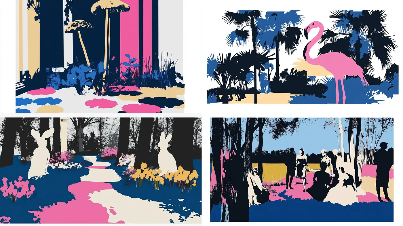 Bold Silhouetted Forms and Contrasting Pop Color Scenes - Midjourney sref style