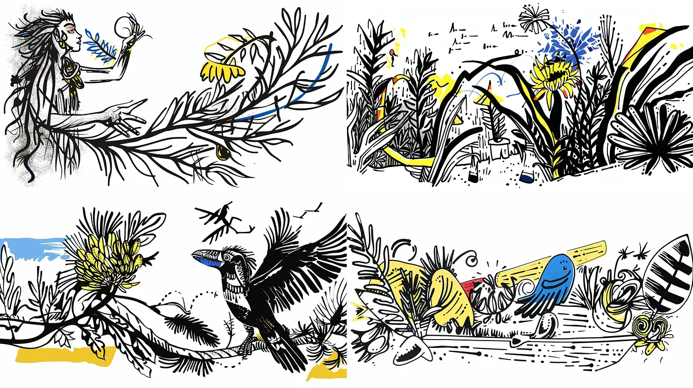 Dynamic Ink Illustrations with Splashes of Vibrant Yellow - Midjourney sref style