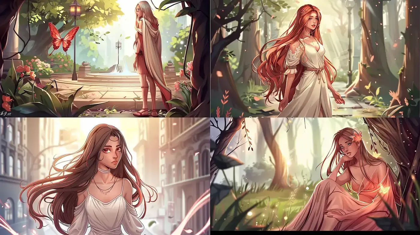 Whimsical and ethereal illustrations featuring serene figures in enchanting settings - Midjourney sref style