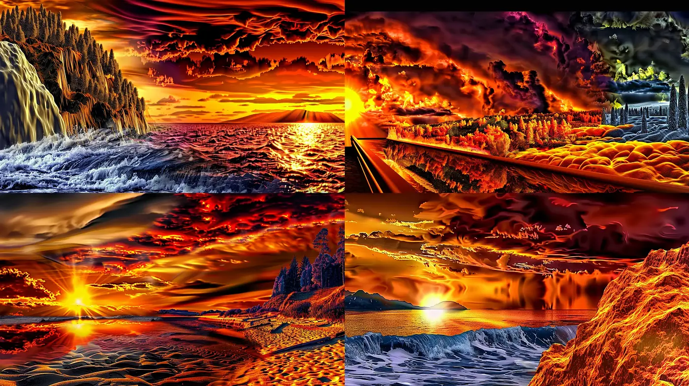 Fiery Skyscapes and Luminous Waters: A Homage to the Dynamic Tranquility of Sunset Horizons - Midjourney sref style