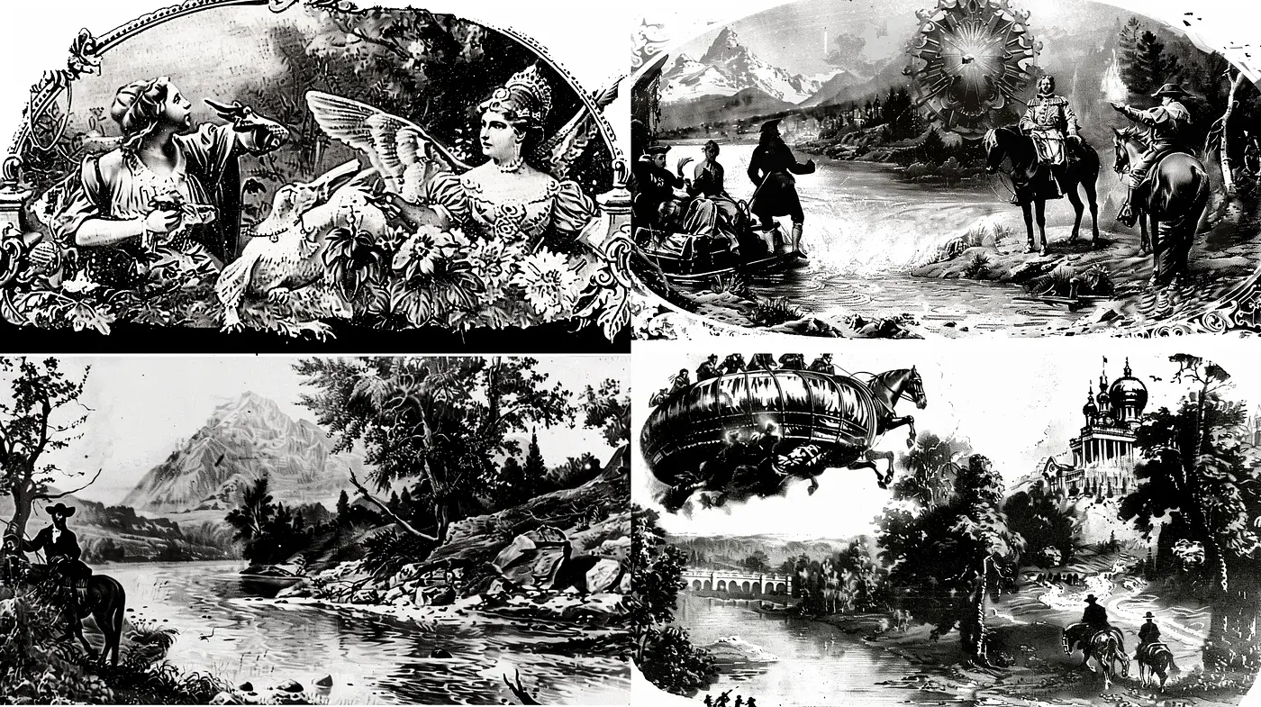 Monochromatic Victorian Engravings with Steampunk Elements - Midjourney sref style