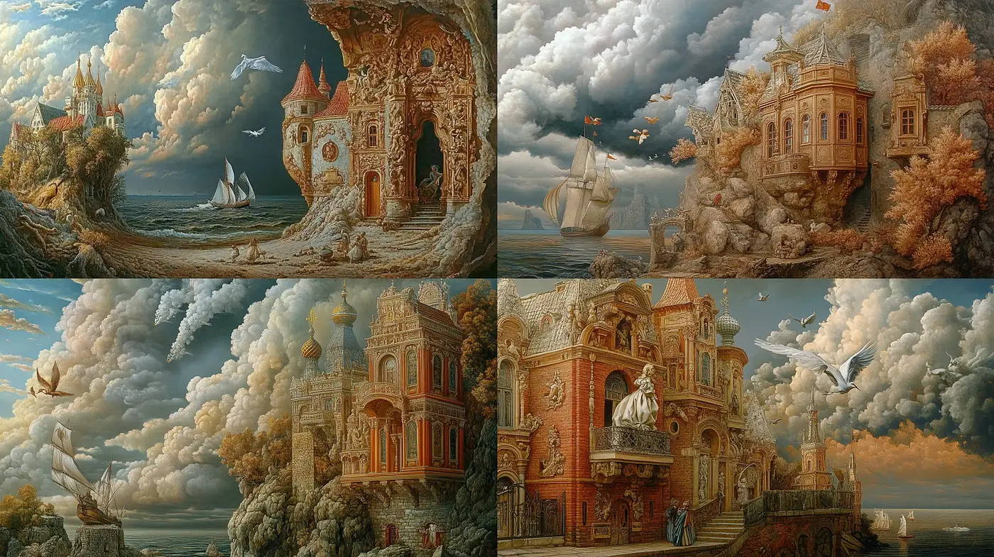 Dreamlike Cloudscapes and Fantastical Architecture - Midjourney sref style