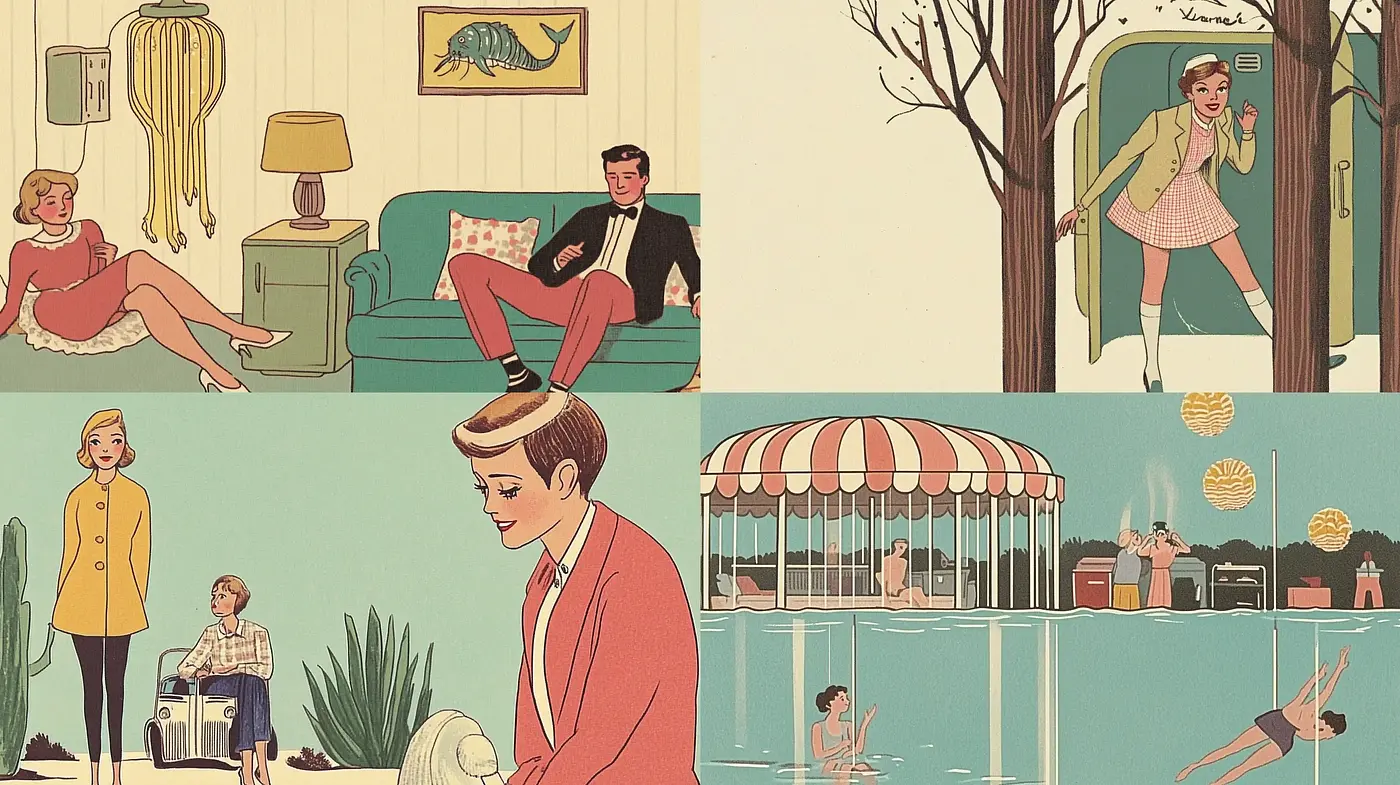 Retro Mid-Century Modern Illustrative Style with a Warm Palette - Midjourney sref style