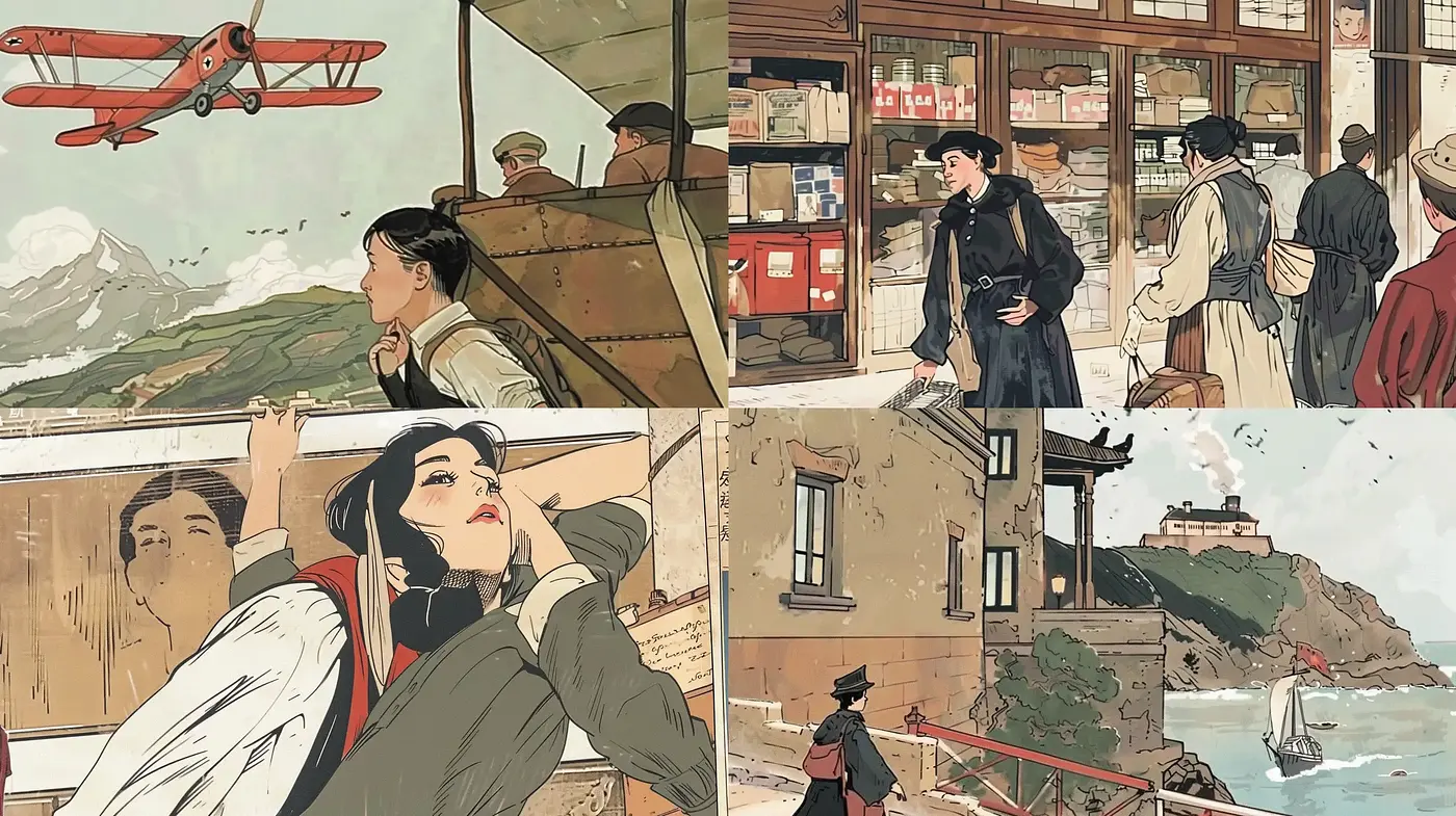Nostalgic Illustrative Journey Through a Stylized Past - Midjourney sref style