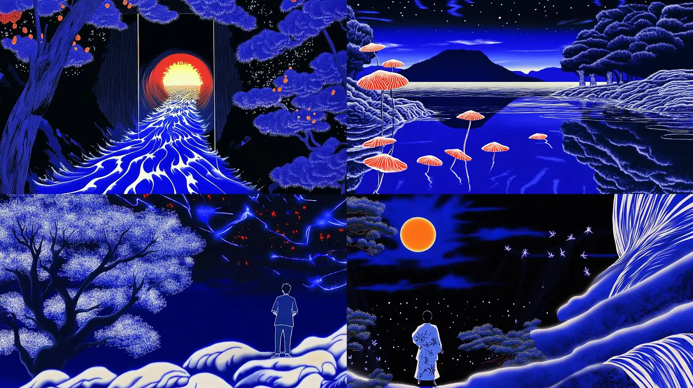 Nocturnal Serenity in Indigo: A Visually Harmonious Blend of Nature and Mysticism - Midjourney sref style