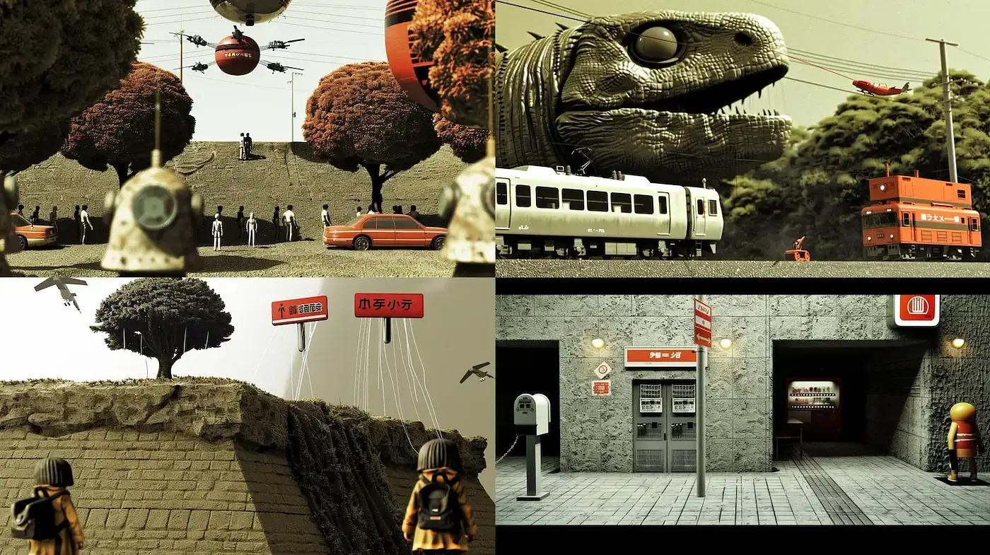 Surrealist narrative with a blend of whimsical sci-fi and urban landscapes - Midjourney sref style