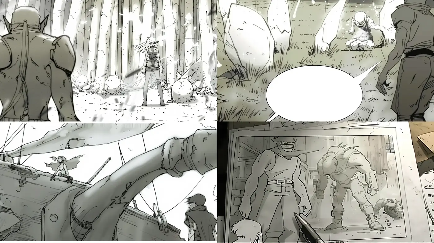 Monochromatic Illustrative Storyboard Sketches - Midjourney sref style