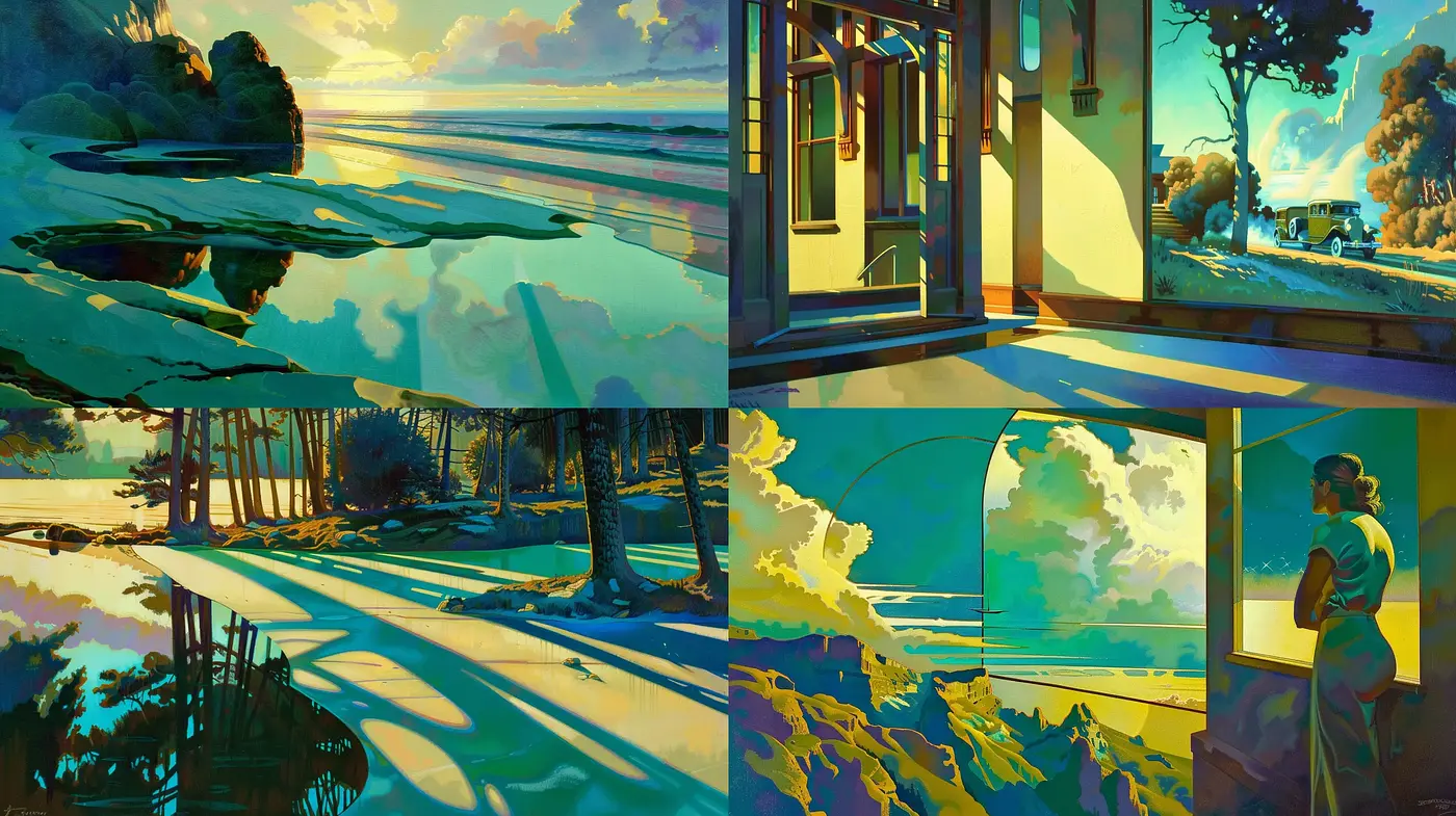 Coalescence of Serene Landscapes and Quiet Moments in Luminous Art Deco Fusion - Midjourney sref style