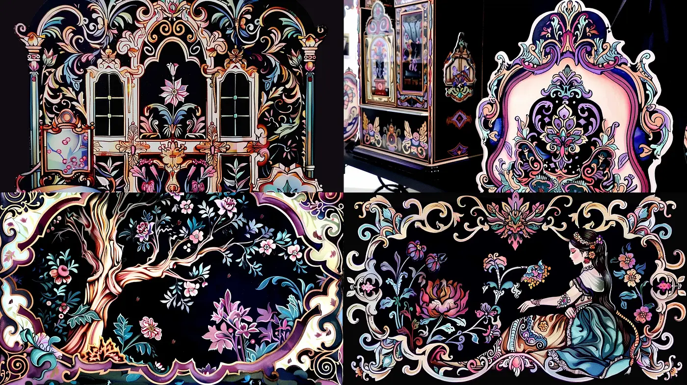 Baroque Reverie: A Vivid Fusion of Ornate Imagery and Contrasting Hues - Midjourney sref style