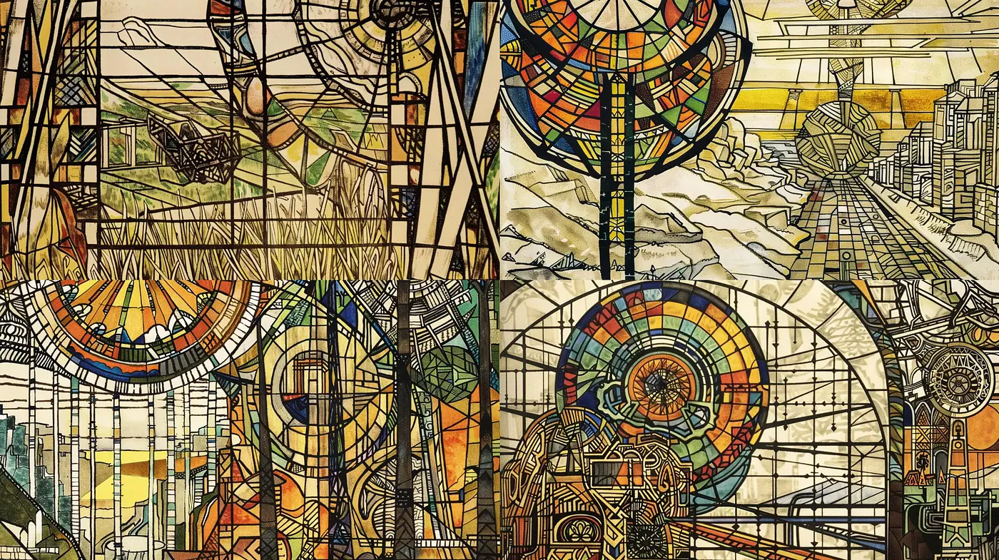 Futuristic Mechanical Elegance through Stained Glass - Midjourney sref style