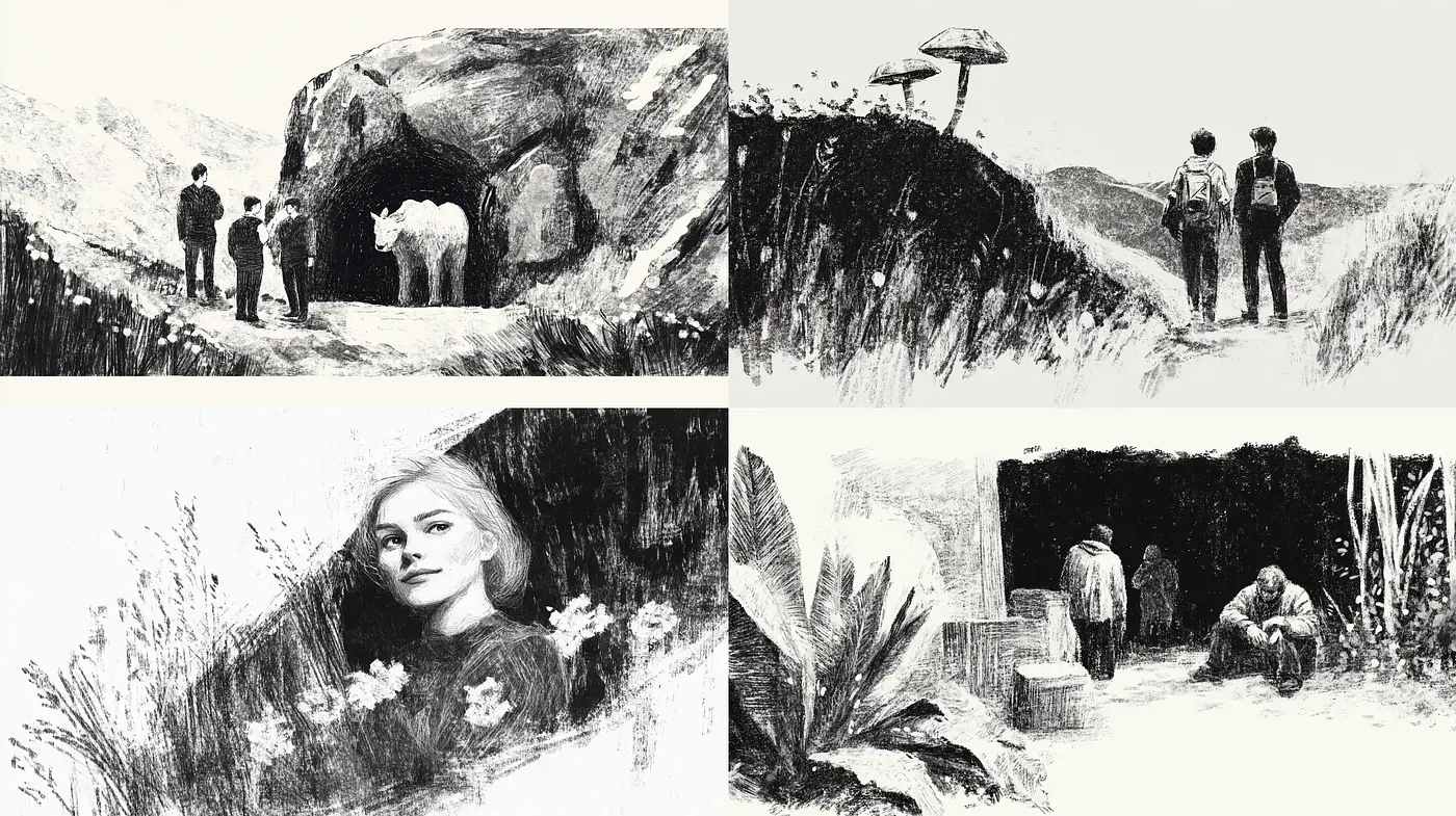 Monochromatic Textured Stories in Graphite - Midjourney sref style