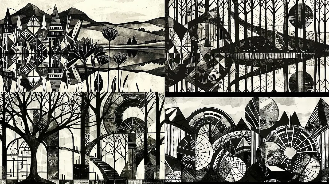 Elegant Geometric Black and White Landscape Art with Organic Elements - Midjourney sref style
