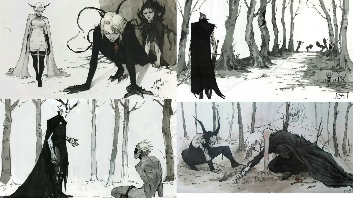Monochromatic Ethereal Echoes in Brushwork Illustrations - Midjourney sref style