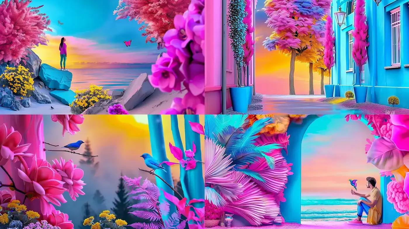 Vibrant surreal landscapes with a dreamlike quality - Midjourney sref style