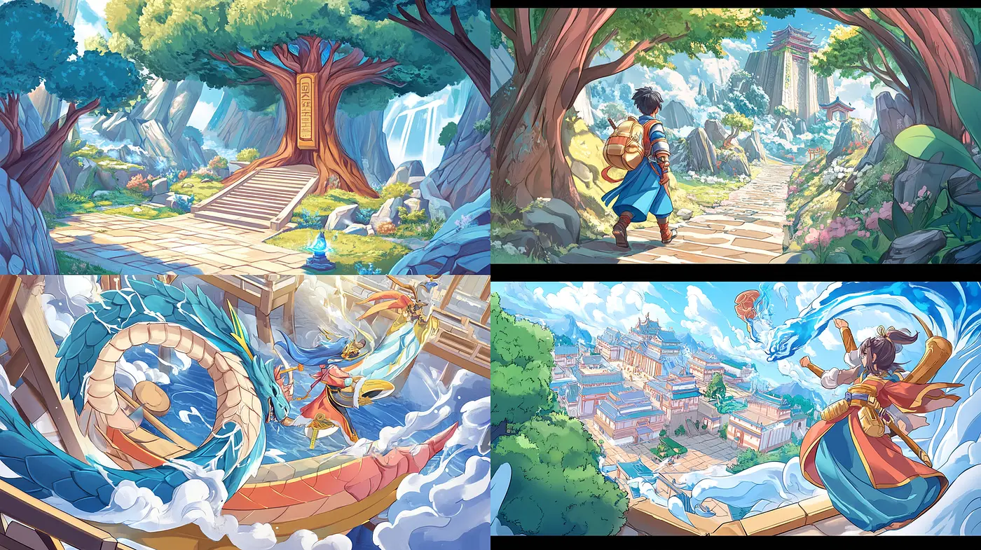 Lush Fantasy Landscapes with Dynamic Characters - Midjourney sref style