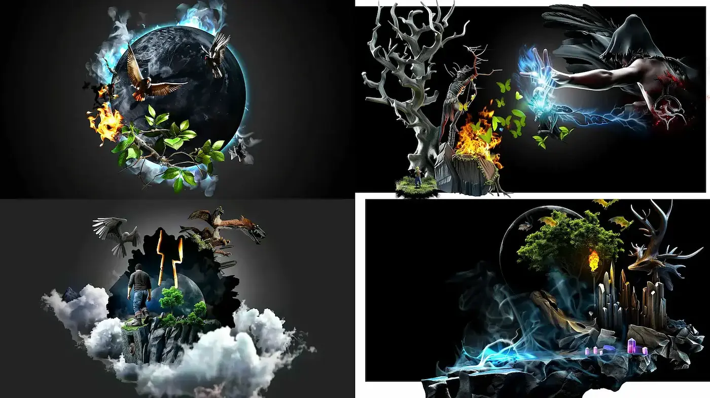 Dramatic and ethereal landscapes interwoven with nature's elements and fantasy. - Midjourney sref style