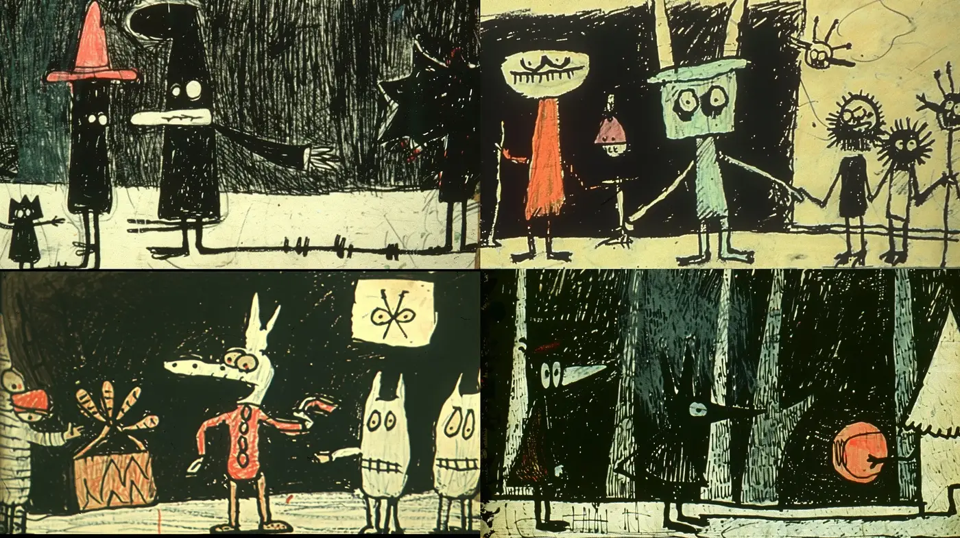 Whimsical Storybook Illustrations with Textured Nightscapes - Midjourney sref style