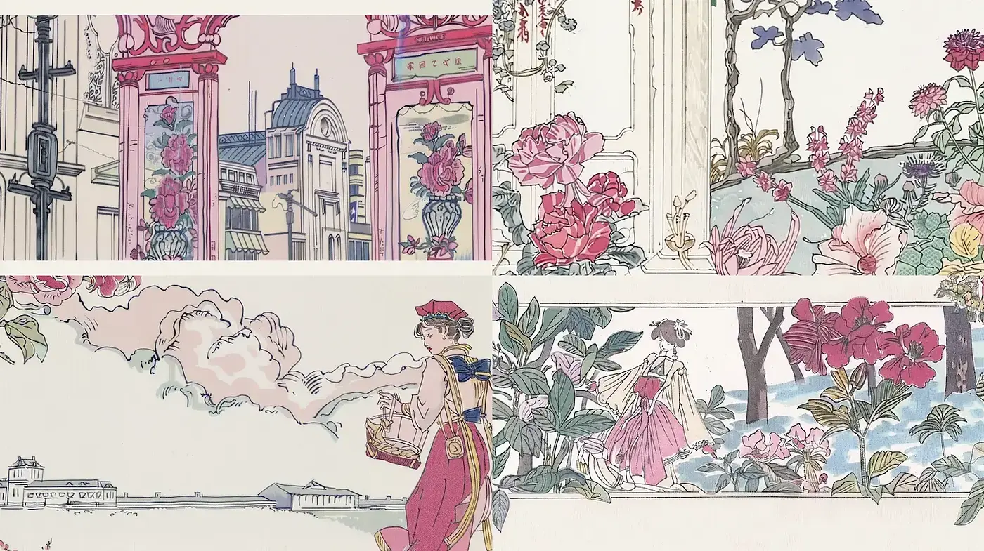 Elegant Vintage Floral Illustrations with Whimsical Elements - Midjourney sref style