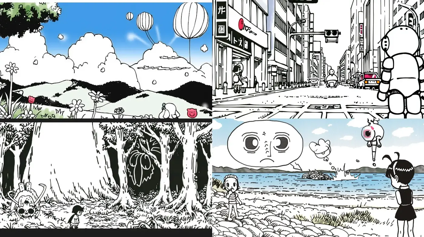 Monochromatic Whimsy with Splashes of Color: A Fusion of Manga and Street Art Aesthetics - Midjourney sref style