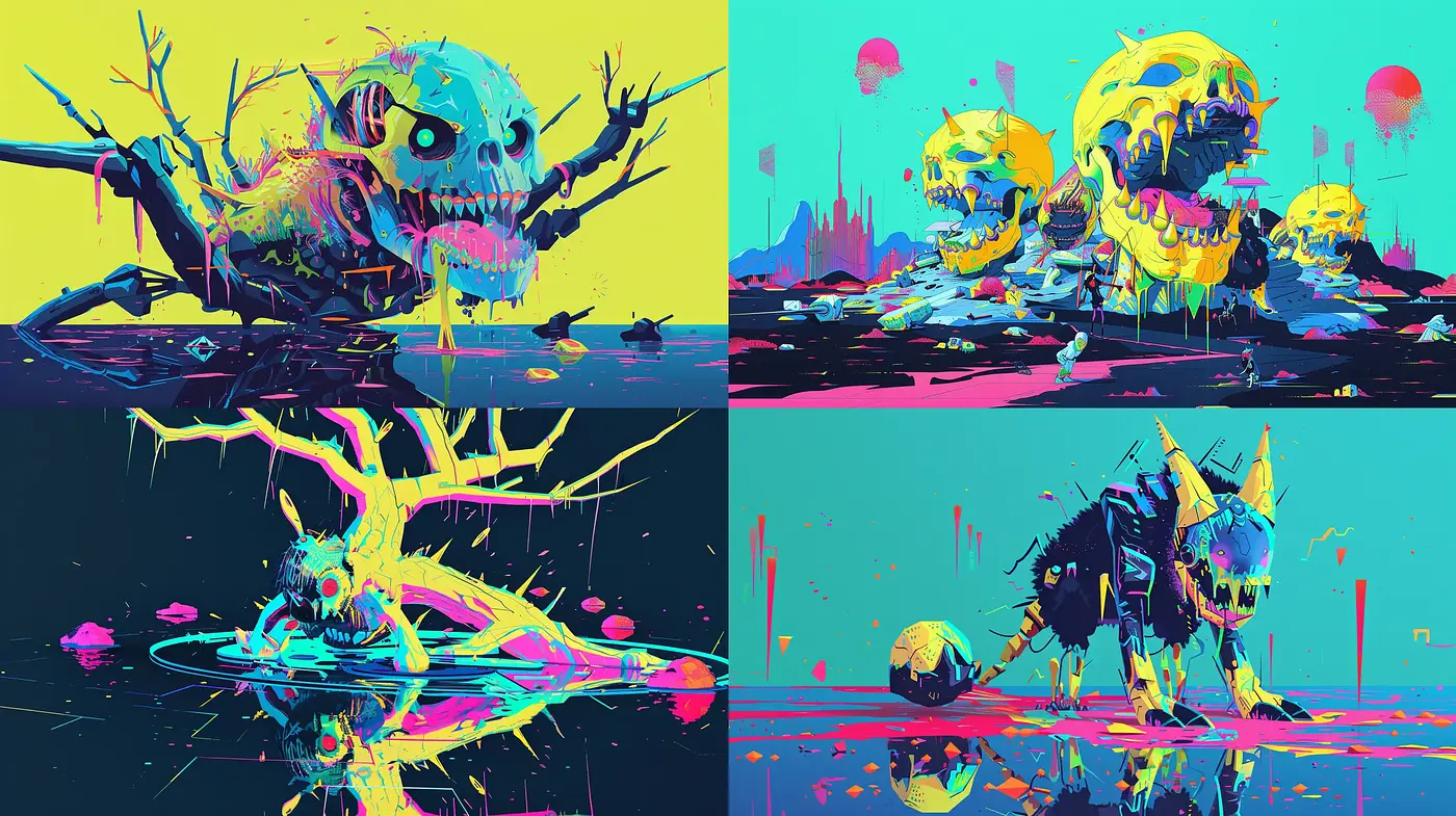 Vibrant Psychedelic Dreamscape: A Synthesis of Vivid Colours and Imaginative Creatures - Midjourney sref style