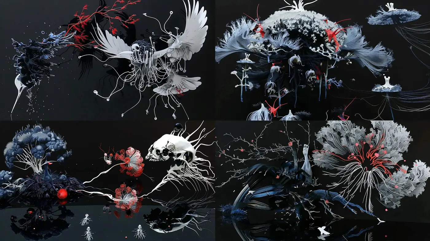 Ethereal Monochrome Botanicals with Surrealist Contrast - Midjourney sref style