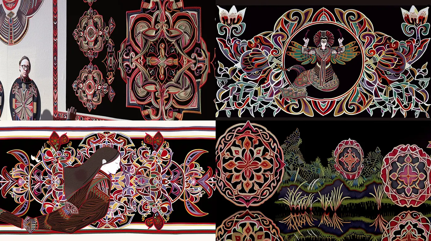 Ornate Tapestry of Vivid Dreams: A Fusion of Stylized Florals and Bold Linearity in High Contrast - Midjourney sref style