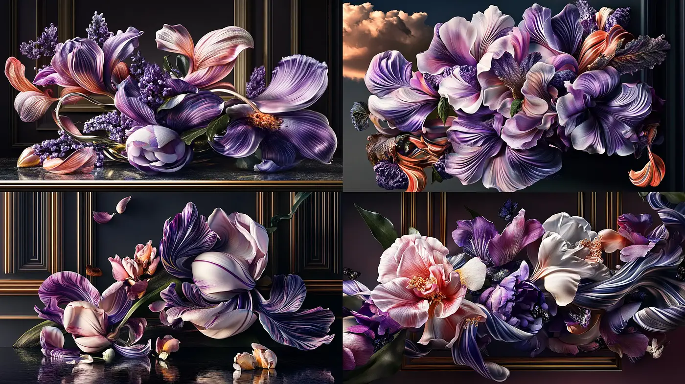 Opulent Baroque Botanicals in Lustrous Twilight Hues - Midjourney sref style