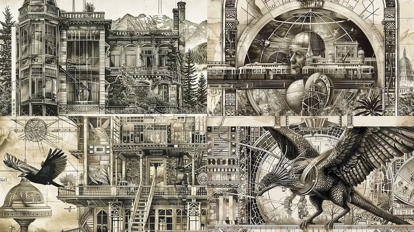 Intricate and Surreal Steampunk Architecture with Detailed Characters and Elements - Midjourney sref style