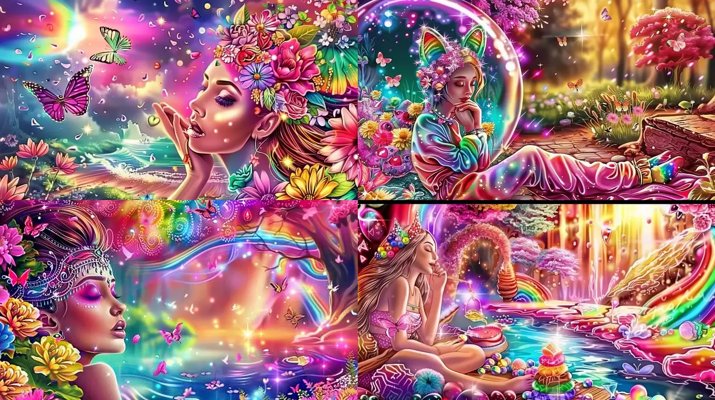 Psychedelic Dreamscapes: A Fusion of Surrealism and Vibrant Fantasy - Midjourney sref style