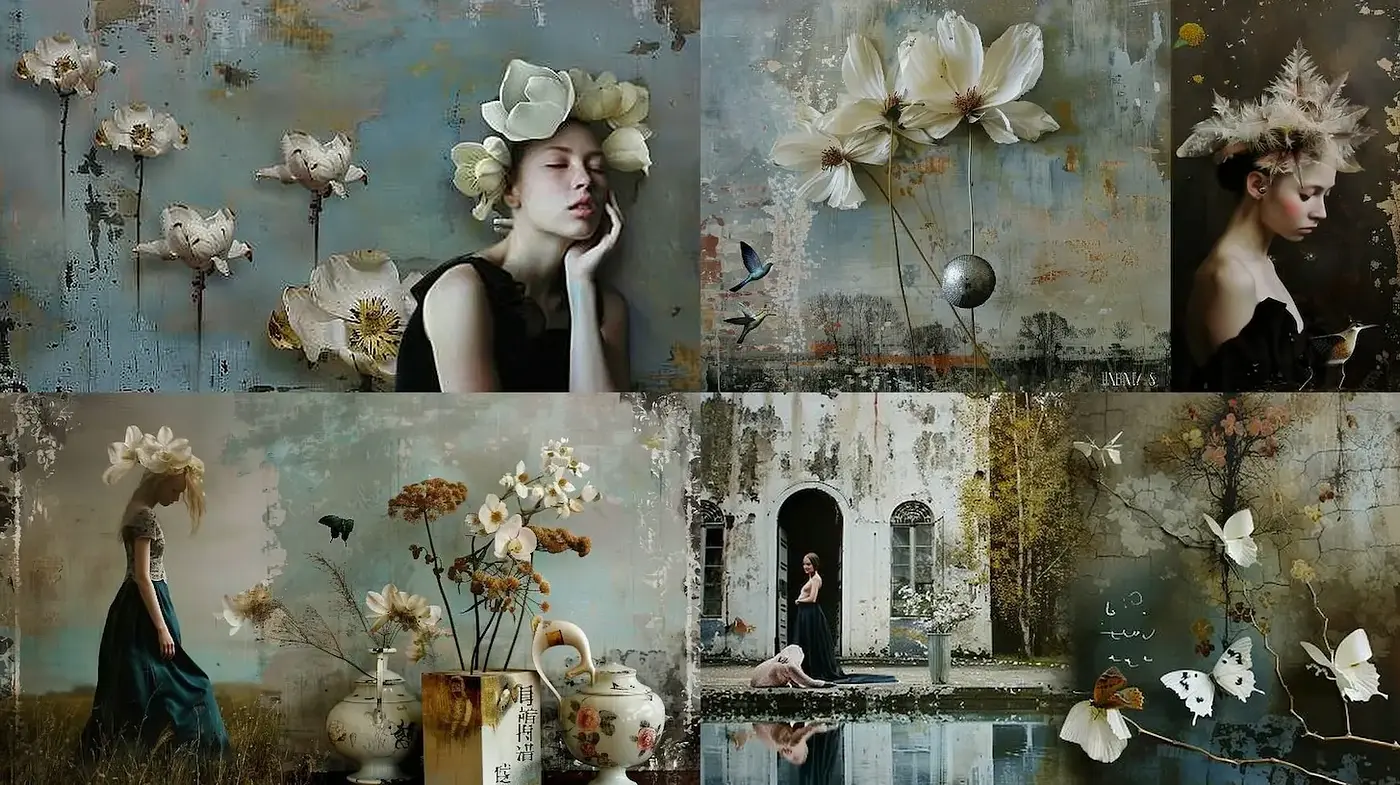 Elegant ethereal landscapes characterized by floral motifs and a muted color scheme - Midjourney sref style
