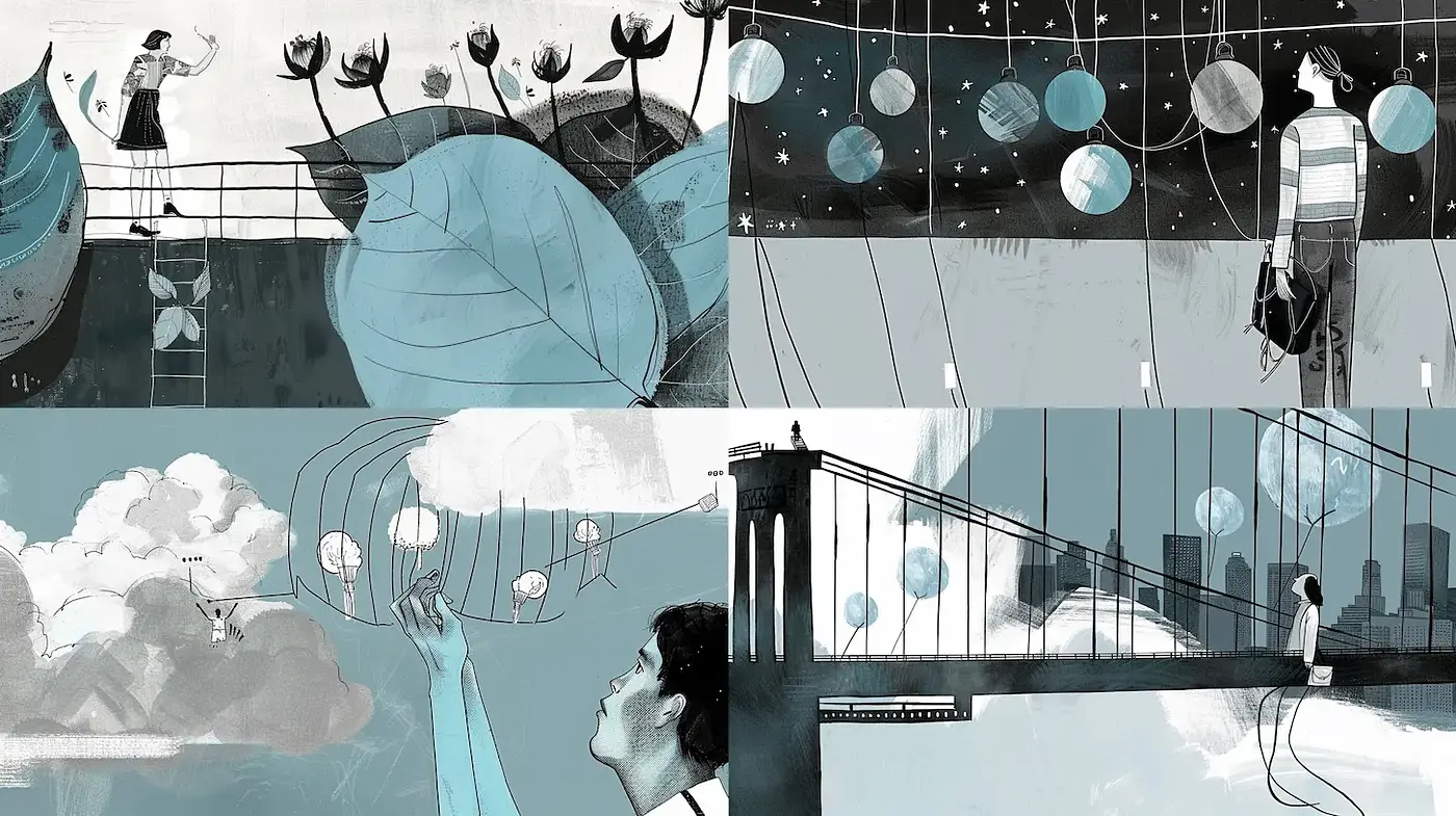 Reflections on a Dreamlike Journey with Monochrome Spheres and Botanicals - Midjourney sref style