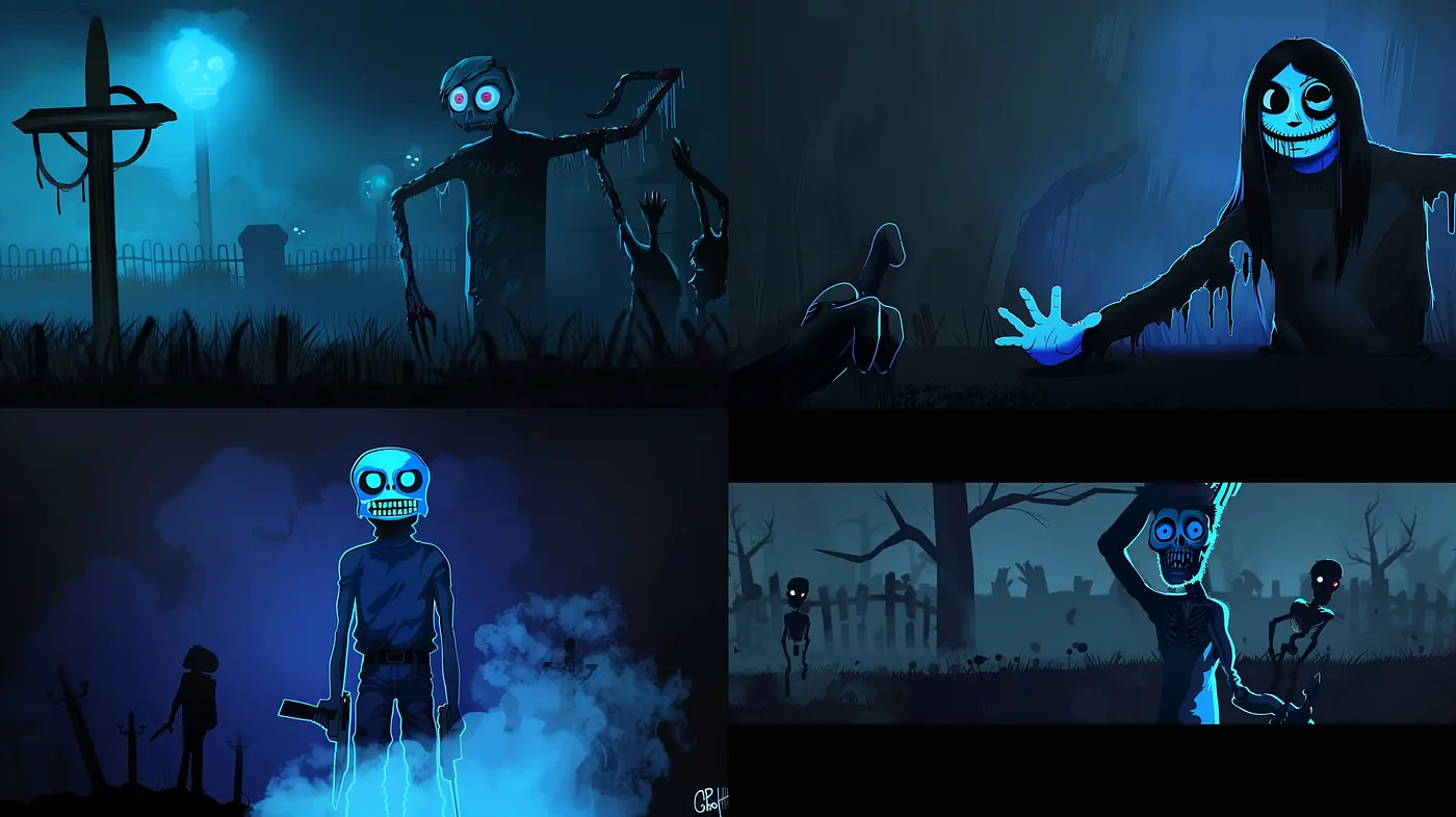 Ethereal Nocturne: A Study in Sapphire Silhouettes and Phantasmal Ambiance - Midjourney sref style