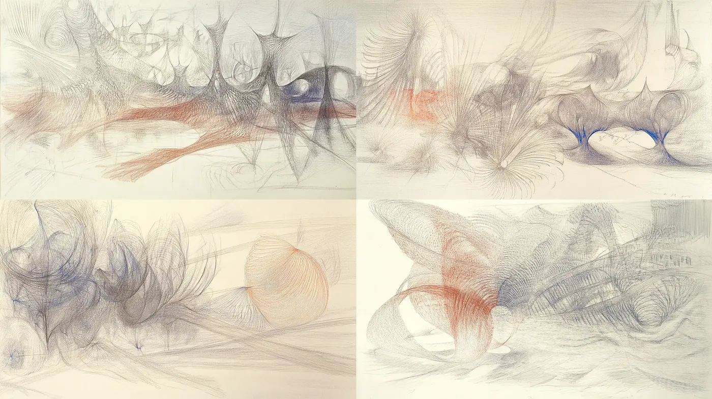 Ethereal Sketches in a Harmony of Wispy Lines and Warm Accents - Midjourney sref style