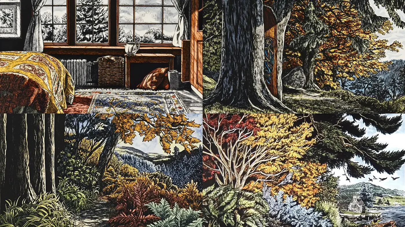 Consistent Rustic Charm of Stylized Woodland Scenes - Midjourney sref style