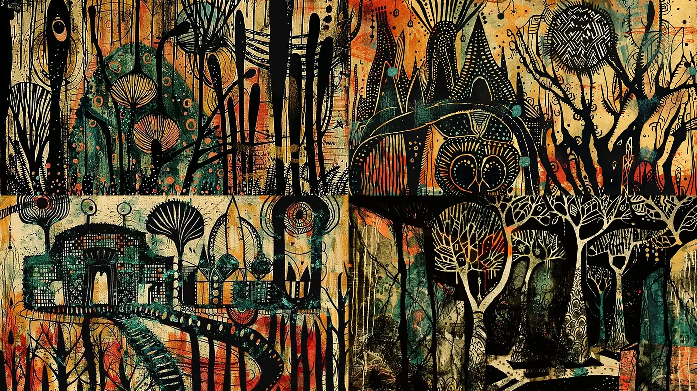 Enigmatic Arbor Resonance: A Fusion of Organic Forms and Abstract Expressions - Midjourney sref style