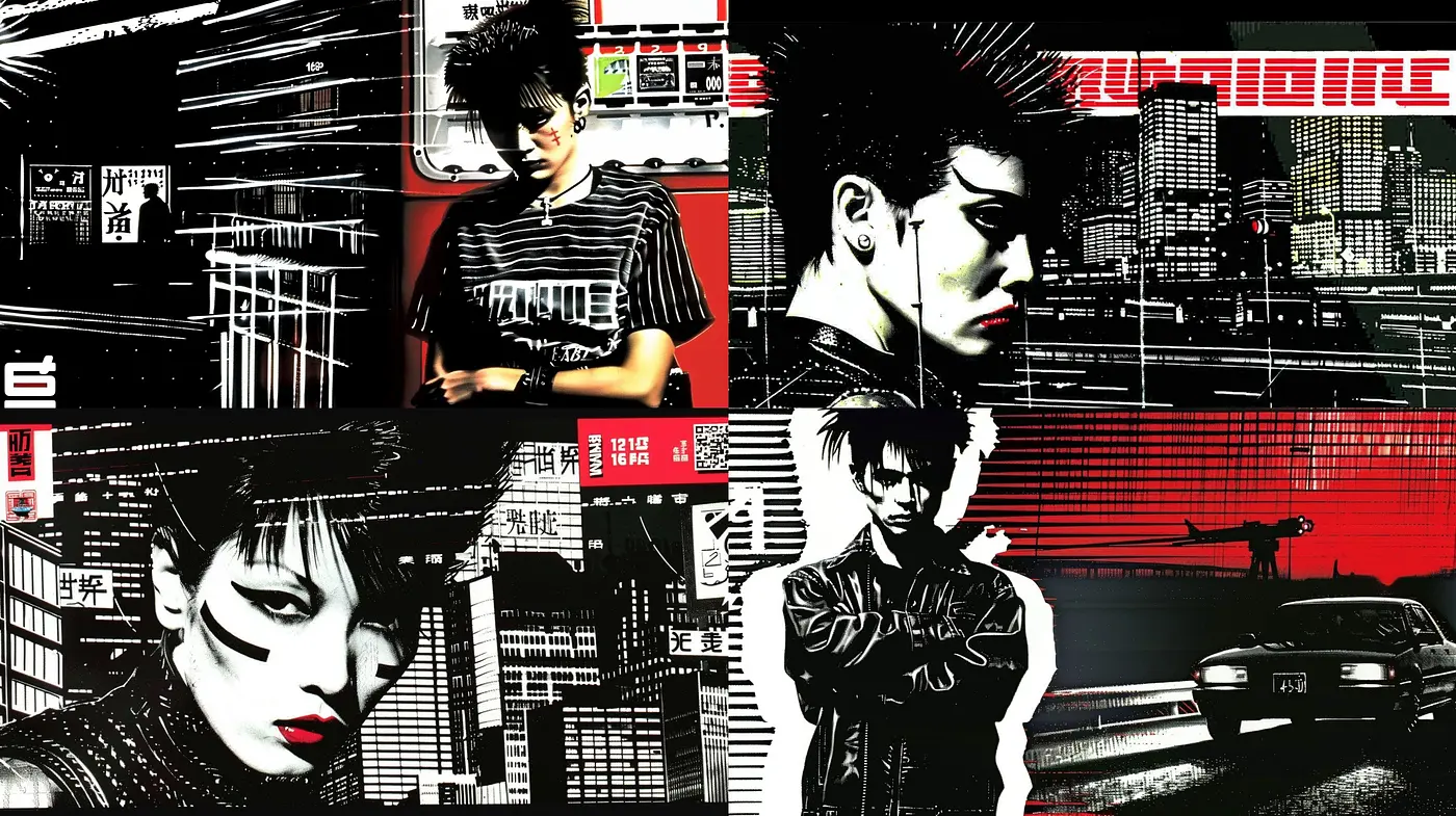 Neo-Tokyo Nights: High-Contrast Monochromatic Cyberpunk Aesthetic - Midjourney sref style