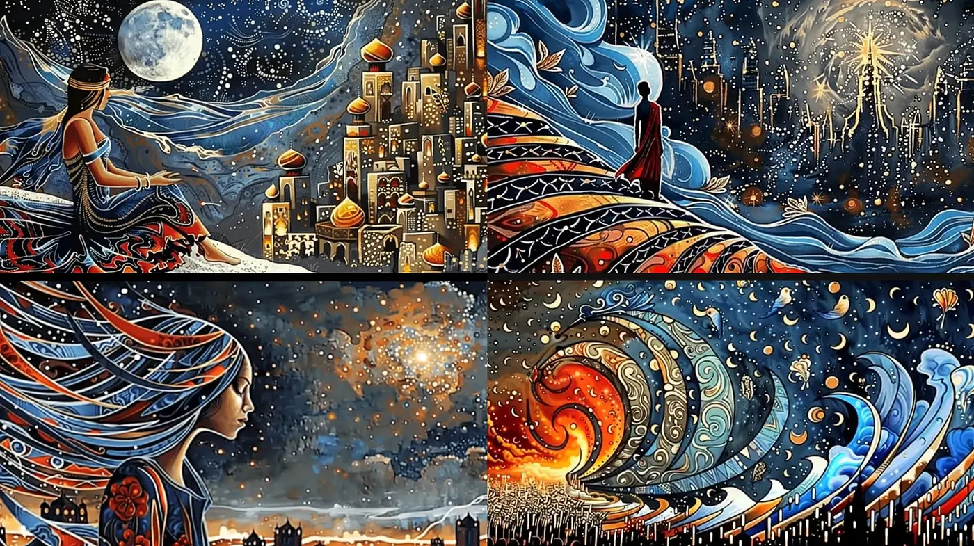 Starry Fantasy Nightscape with Surrealist Overtones - Midjourney sref style