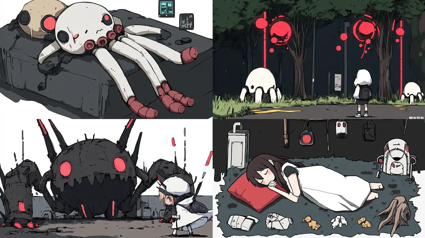Stylized Dystopian Anime-Influenced Illustrations with a Monochromatic Red Highlight - Midjourney sref style