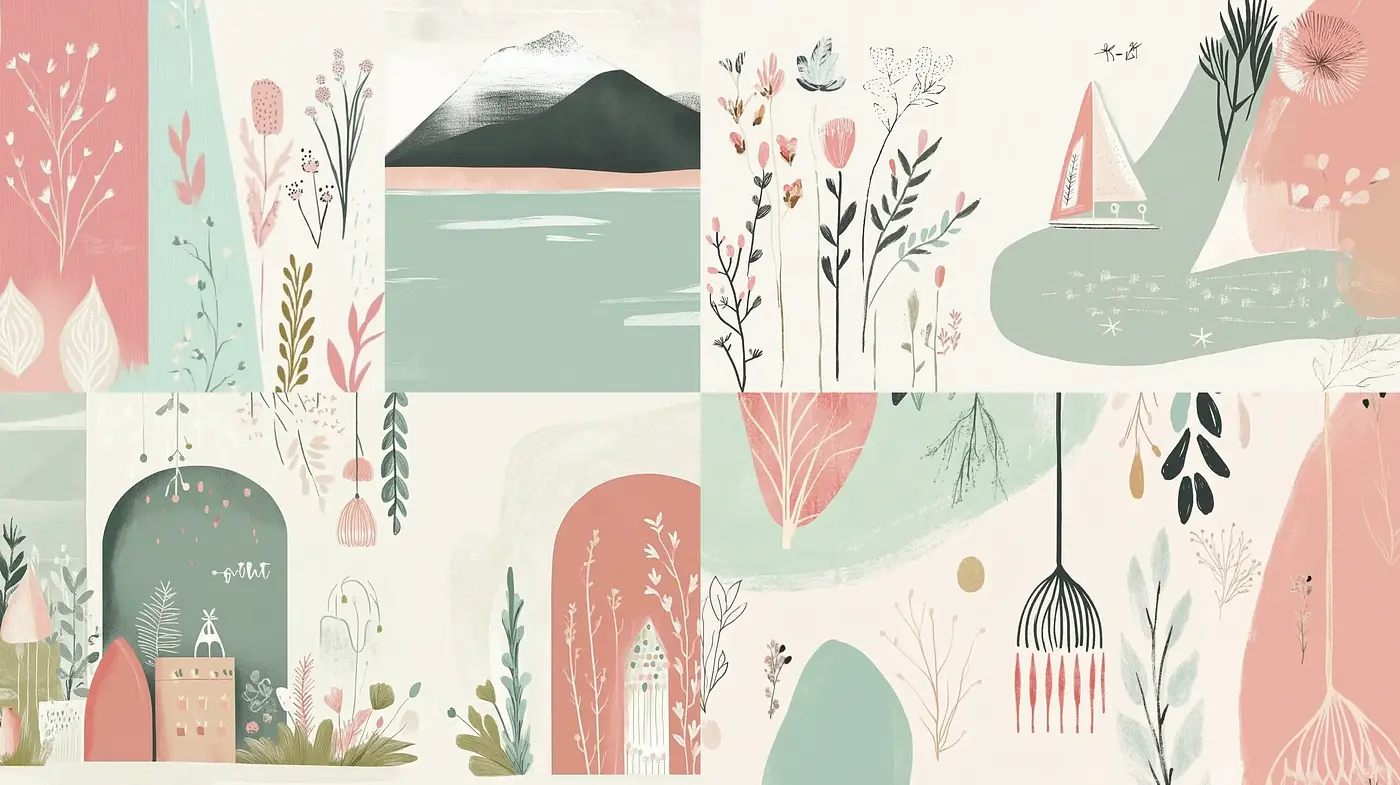 Serene Pastel Illustrations with a Nature-Inspired Theme - Midjourney sref style