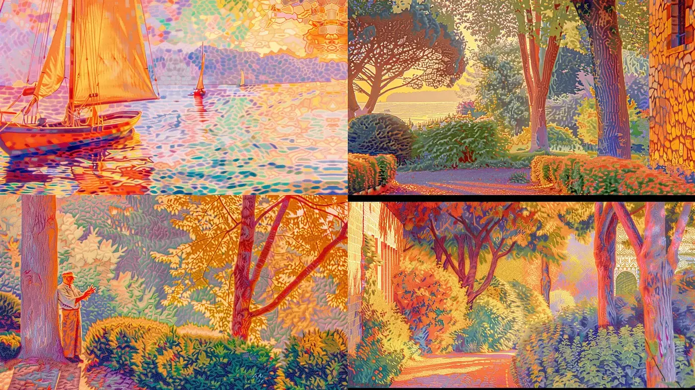Luminous landscapes showcasing a harmonious blend of nature and human presence - Midjourney sref style