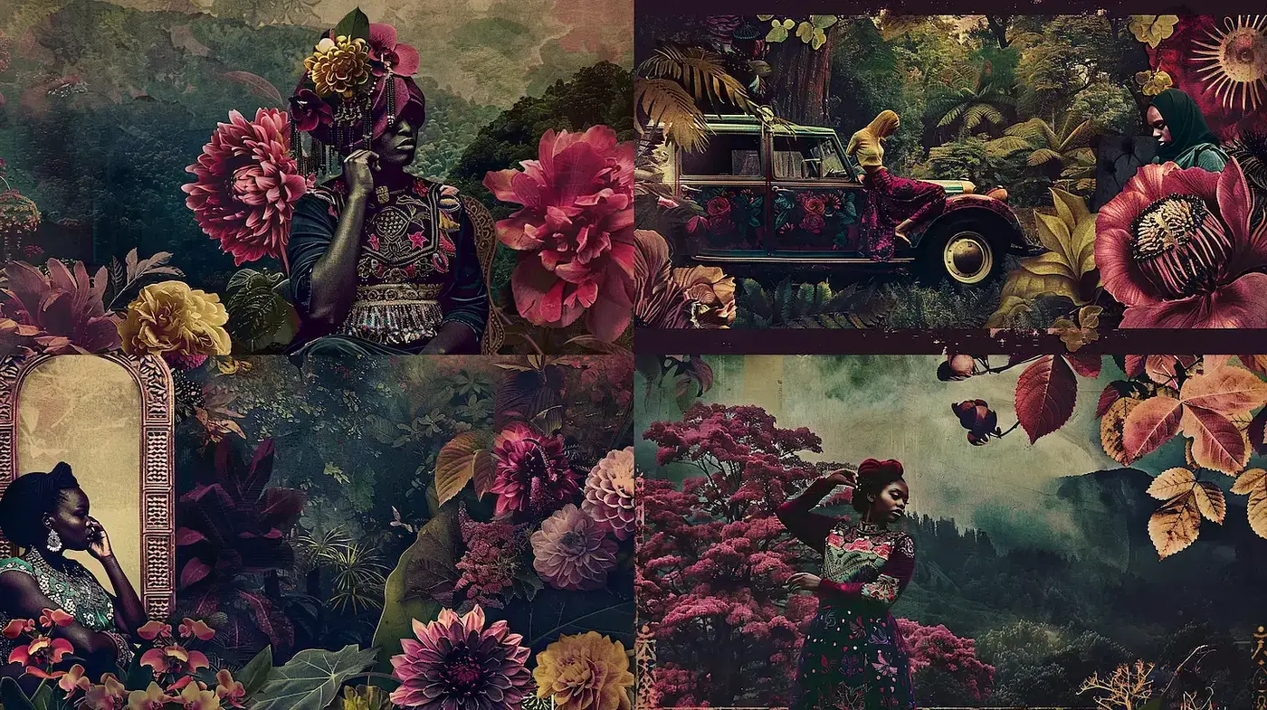 Enigmatic Botanical Dreamscapes: A Fusion of Florals with Vintage Overtones - Midjourney sref style