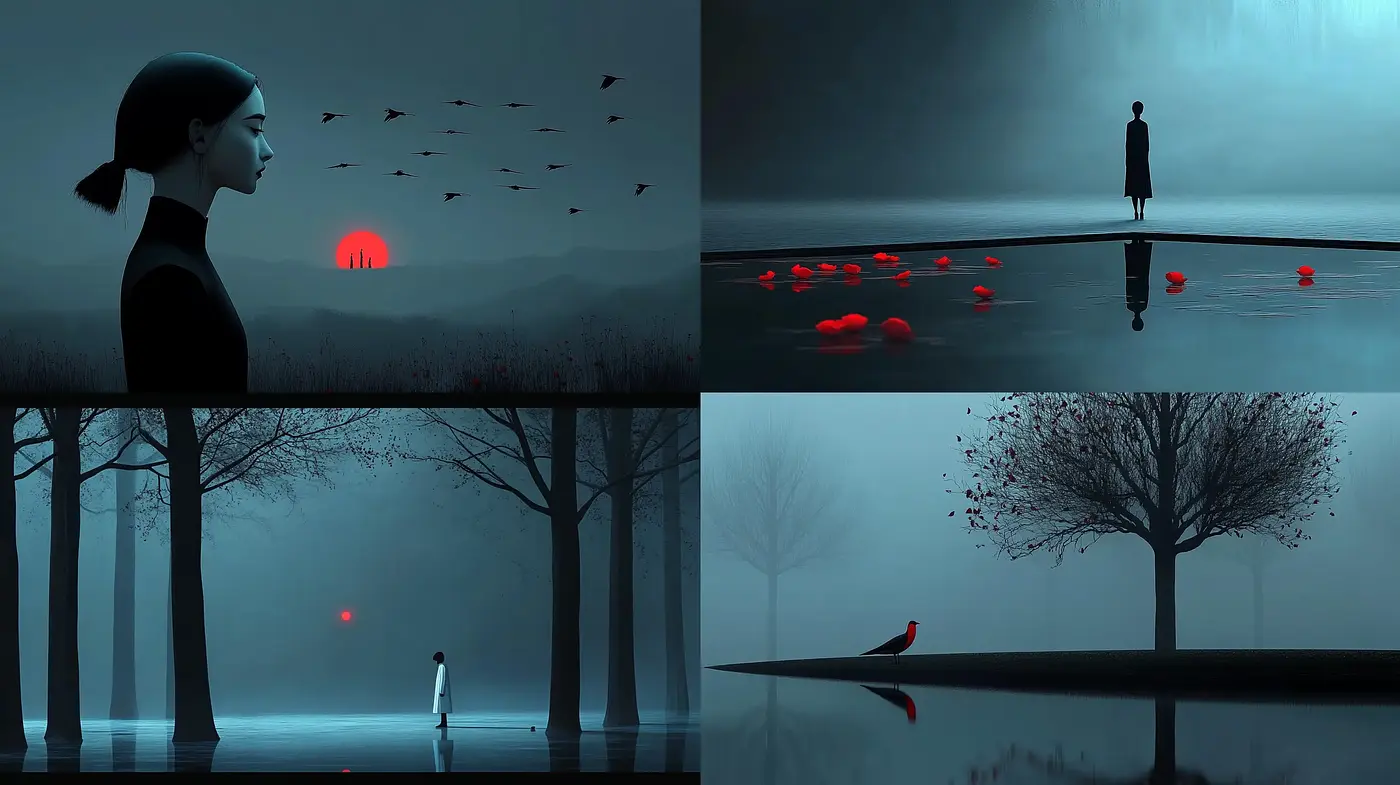 Serene Twilight Reverie with Muted Sapphire Hues and Crimson Accents - Midjourney sref style