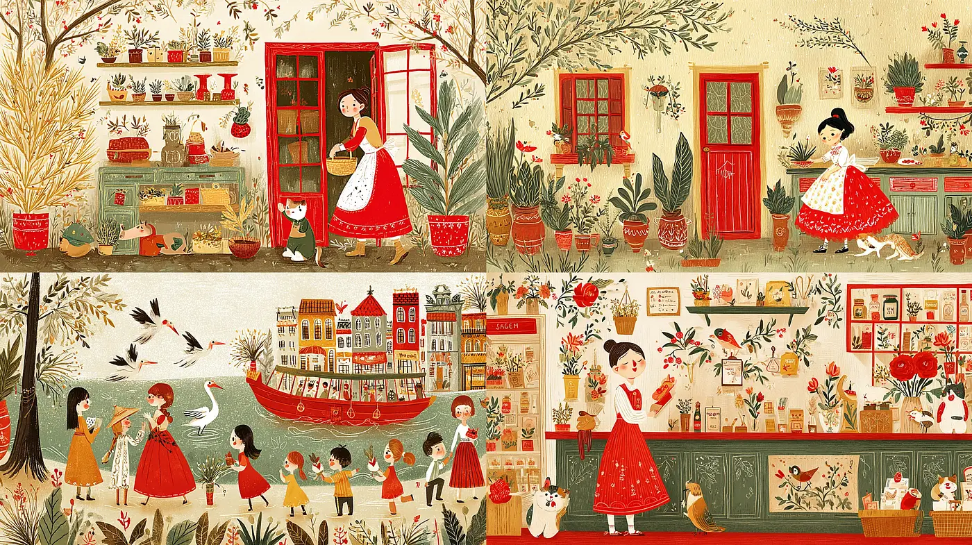 Charming Whimsical Illustrations with Nostalgic Hues and Rich Textures - Midjourney sref style
