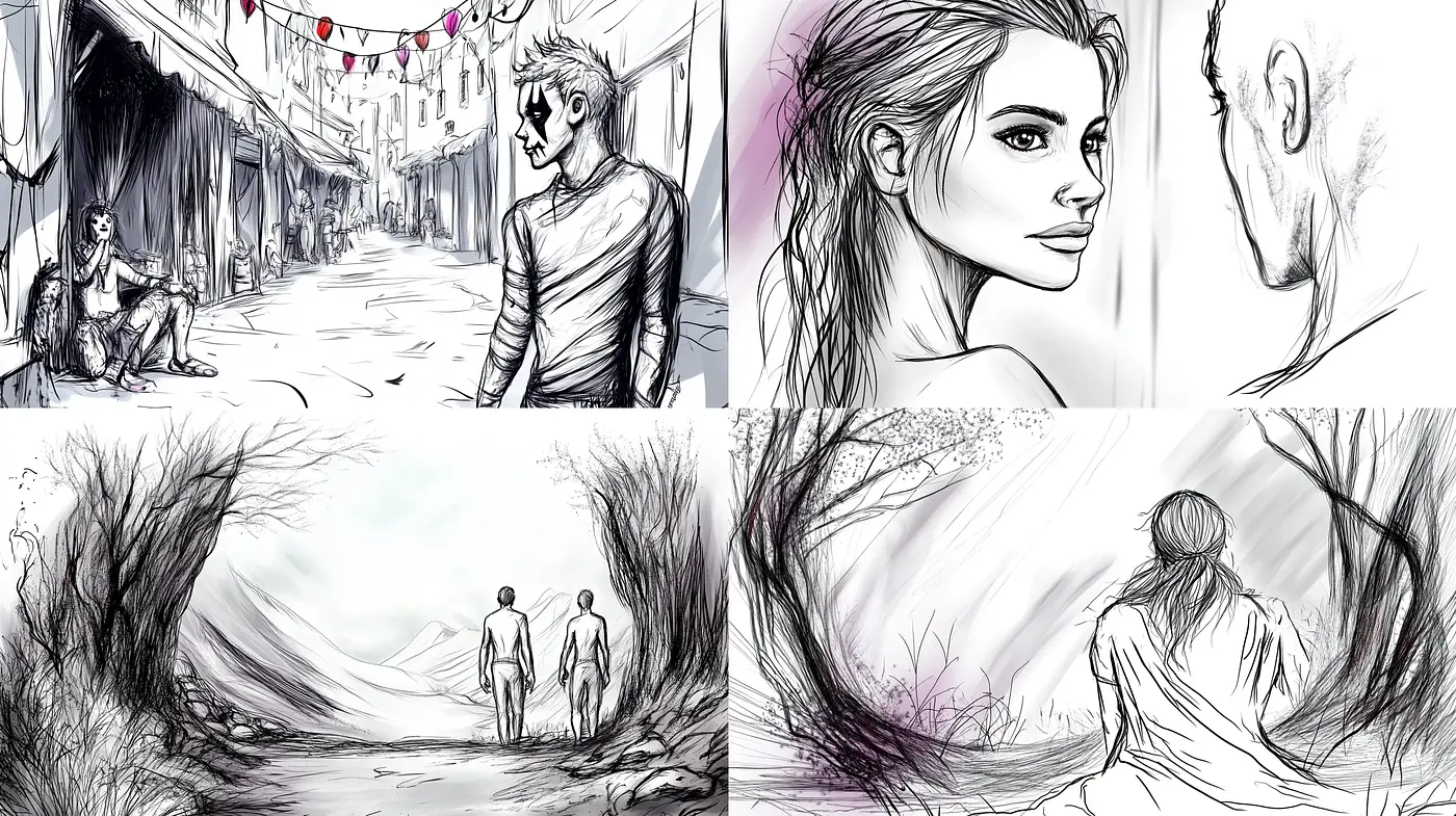 Monochromatic Sketches of Human Narratives and Nature - Midjourney sref style