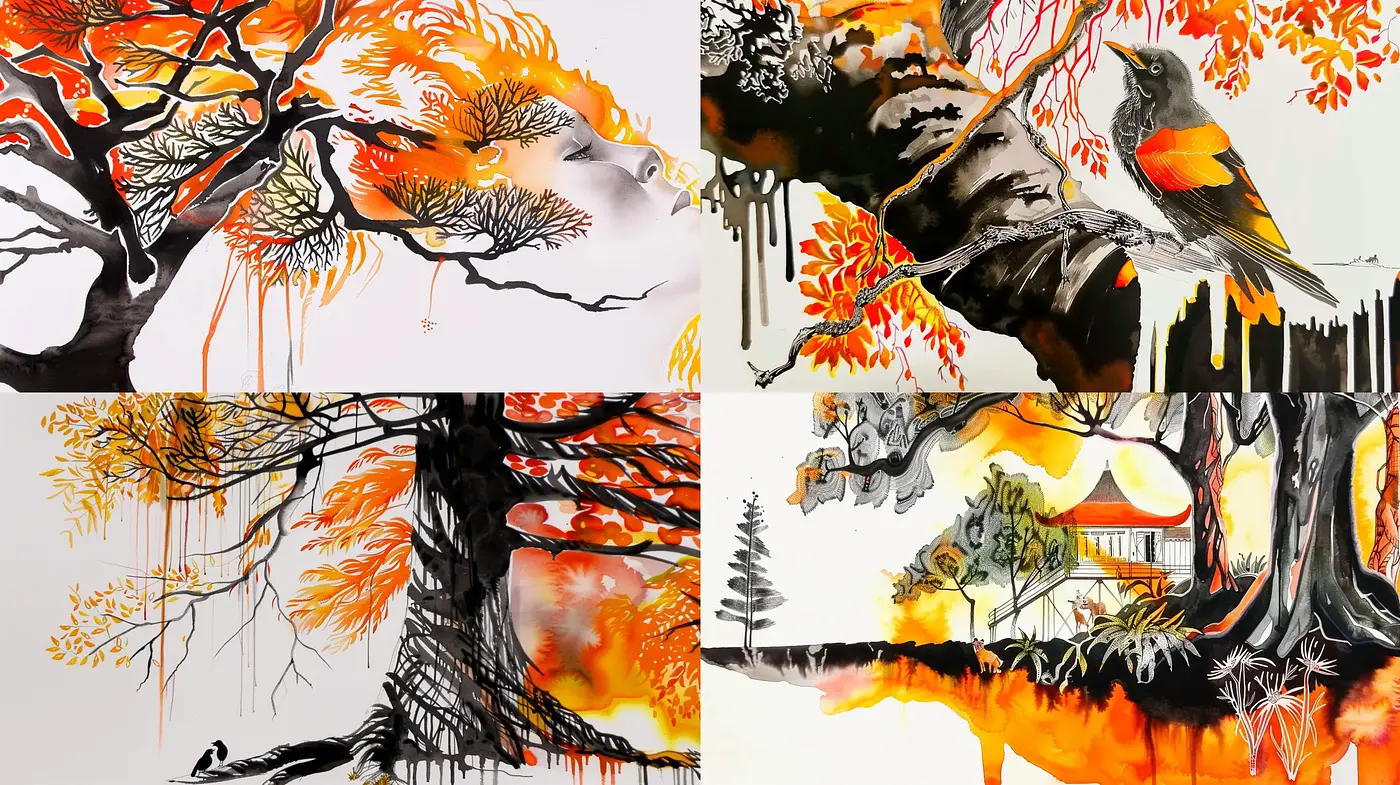 Ethereal Autumn Dreamscape in Ink and Orange - Midjourney sref style