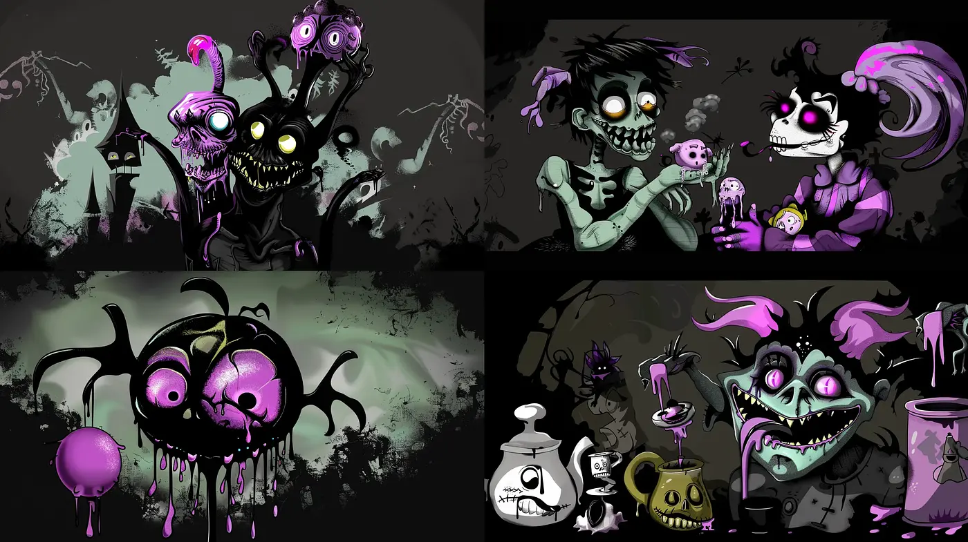 Eerie Whimsy: A Fusion of Gothic and Cartoonish Nightmares - Midjourney sref style
